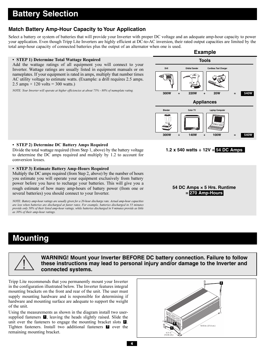 Battery selection, Mounting, Example | Tripp Lite PV700HF User Manual | Page 4 / 20