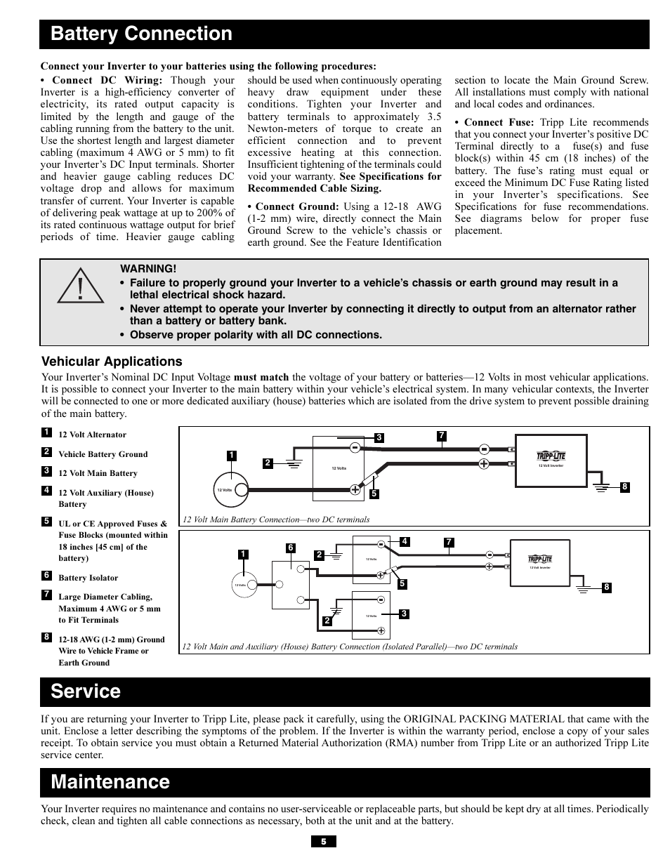 Battery connection, Service maintenance, Vehicular applications | Tripp Lite PV700HF User Manual | Page 5 / 20