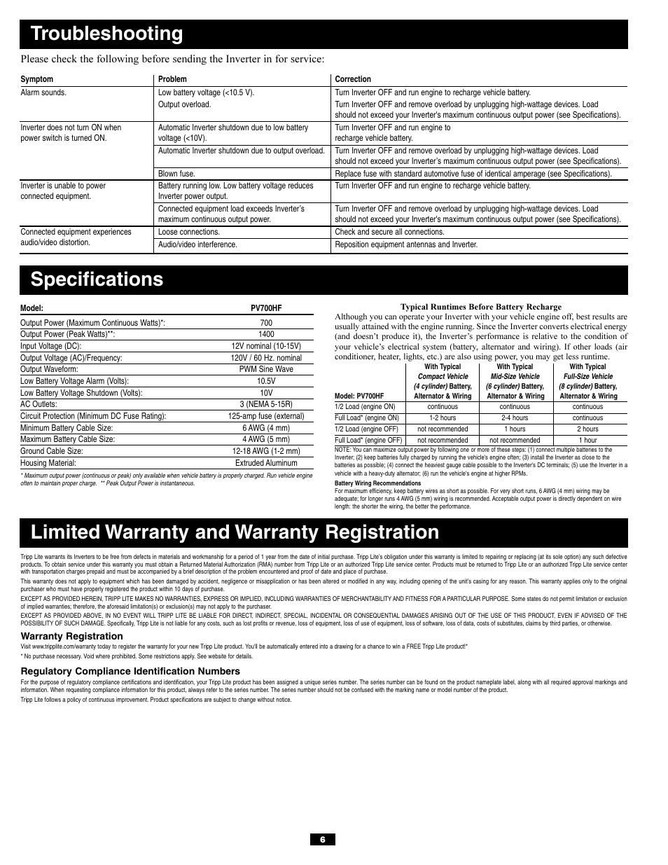 Troubleshooting | Tripp Lite PV700HF User Manual | Page 6 / 20