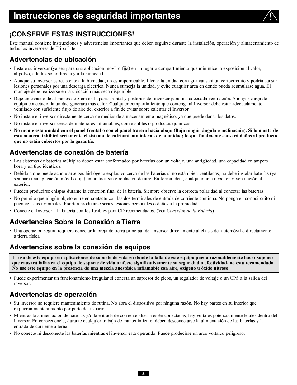Instrucciones de seguridad importantes, Conserve estas instrucciones, Advertencias de ubicación | Advertencias de conexión de batería, Advertencias sobre la conexión a tierra, Advertencias sobre la conexión de equipos, Advertencias de operación | Tripp Lite PV700HF User Manual | Page 8 / 20