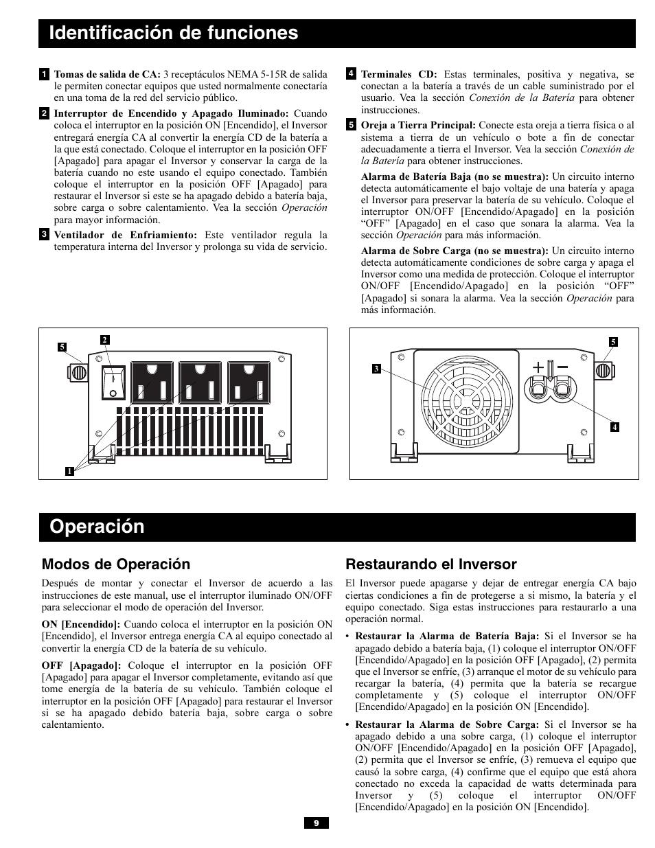 Identificación de funciones operación, Modos de operación, Restaurando el inversor | Tripp Lite PV700HF User Manual | Page 9 / 20