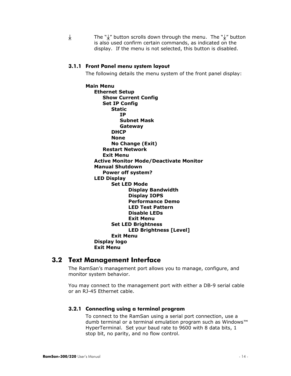 Front panel menu system layout, Text management interface, Connecting using a terminal program | 2 text, Management interface, 2 text management interface | Texas Memory Systems RamSan-300/320 User Manual | Page 18 / 90