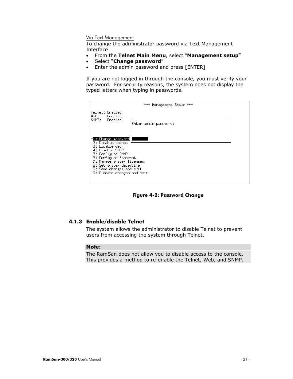Via text management, Enable/disable telnet | Texas Memory Systems RamSan-300/320 User Manual | Page 25 / 90
