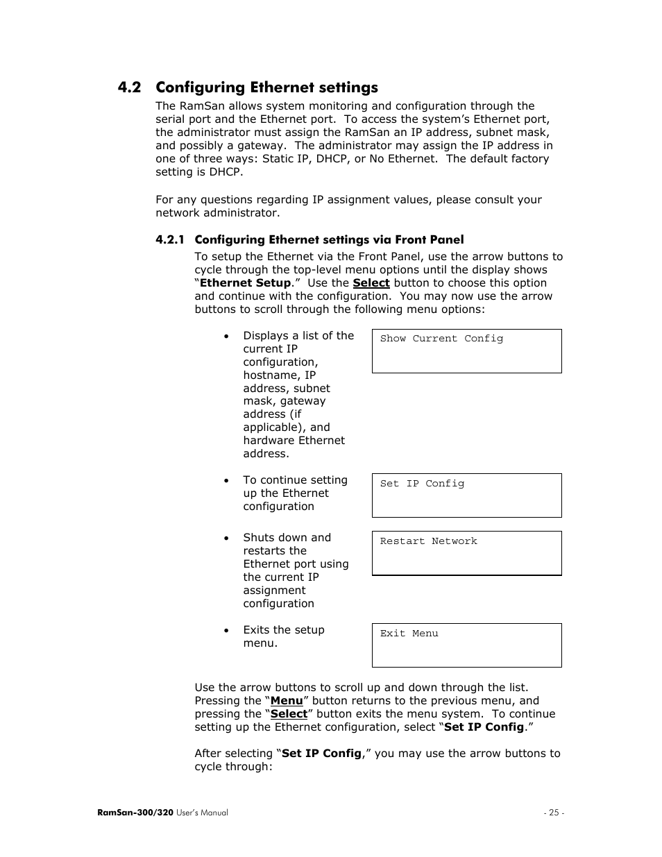 Configuring ethernet settings, Configuring ethernet settings via front panel, 2 configuring | Ethernet, Settings, 2 configuring ethernet settings | Texas Memory Systems RamSan-300/320 User Manual | Page 29 / 90