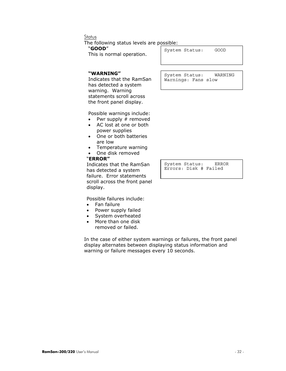 Status | Texas Memory Systems RamSan-300/320 User Manual | Page 36 / 90