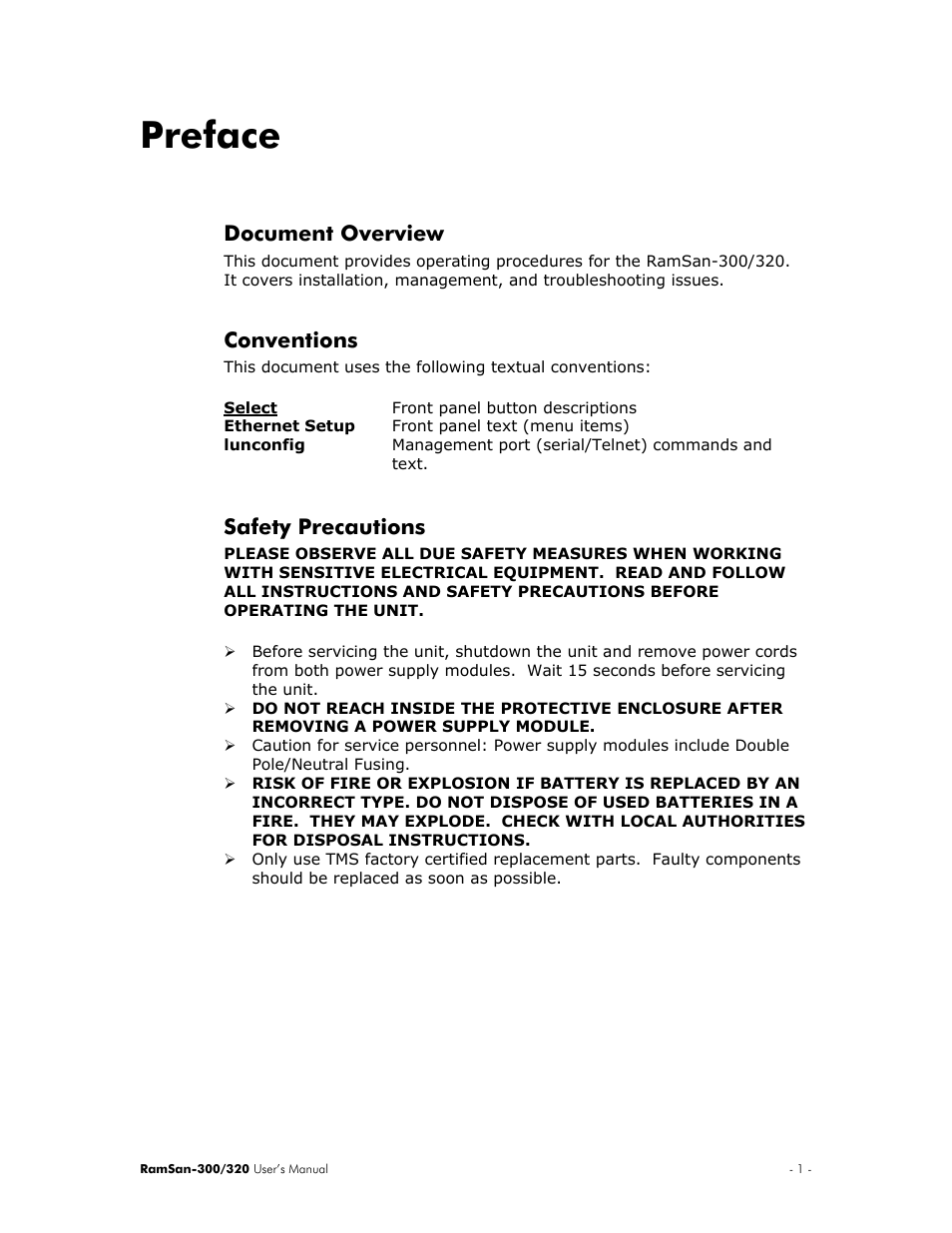 Preface, Document overview, Conventions | Safety precautions, Document overview conventions | Texas Memory Systems RamSan-300/320 User Manual | Page 5 / 90