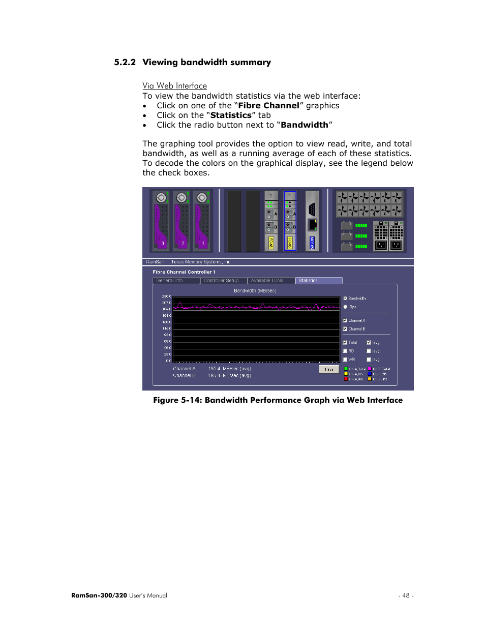 Viewing bandwidth summary, Via web interface | Texas Memory Systems RamSan-300/320 User Manual | Page 52 / 90
