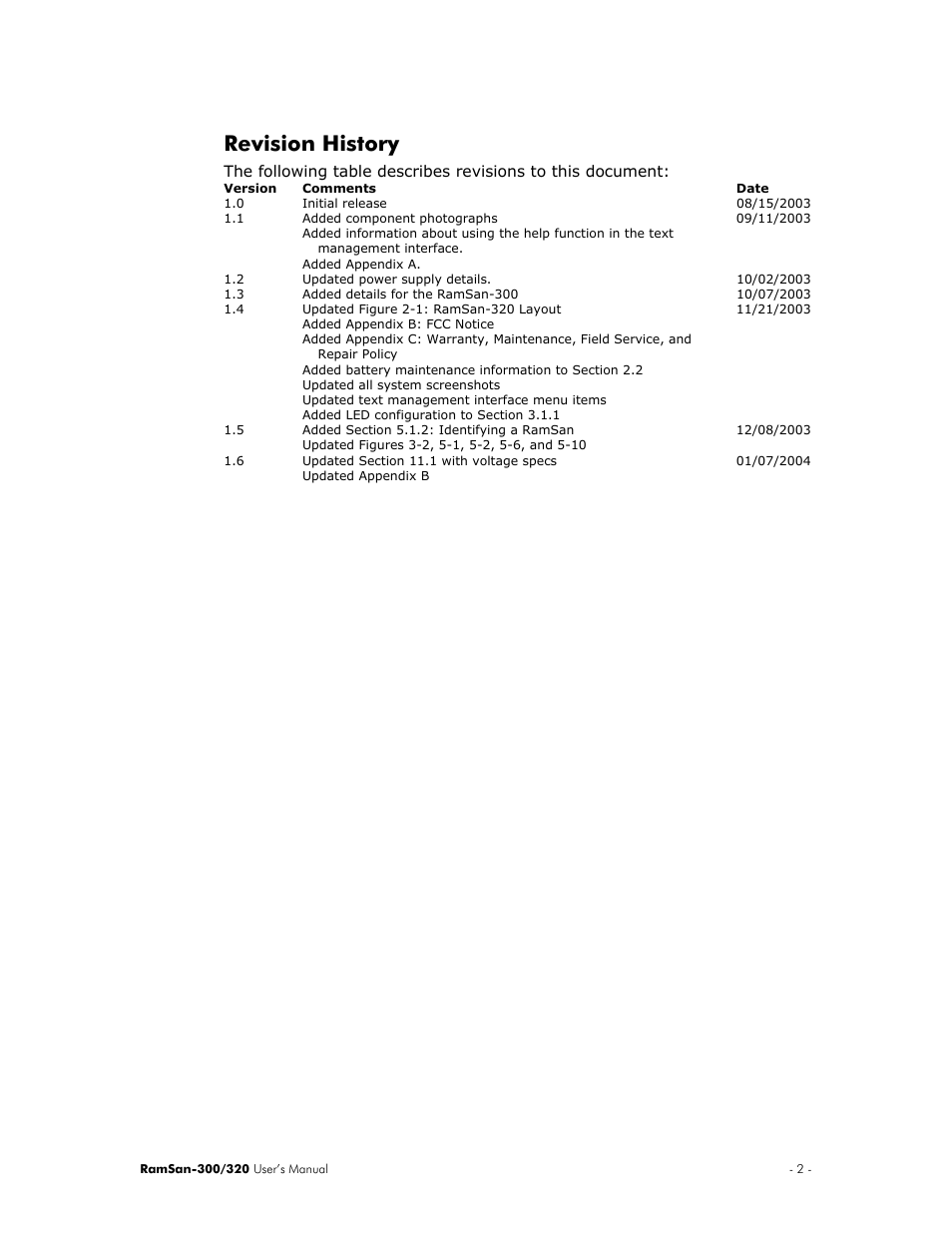 Revision history | Texas Memory Systems RamSan-300/320 User Manual | Page 6 / 90