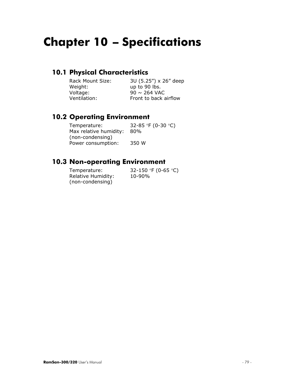 Specifications, Physical characteristics, Operating environment | Non-operating environment, Chapter 10, 1 physical, Characteristics, 2 operating, Environment, 3 non-operating | Texas Memory Systems RamSan-300/320 User Manual | Page 83 / 90