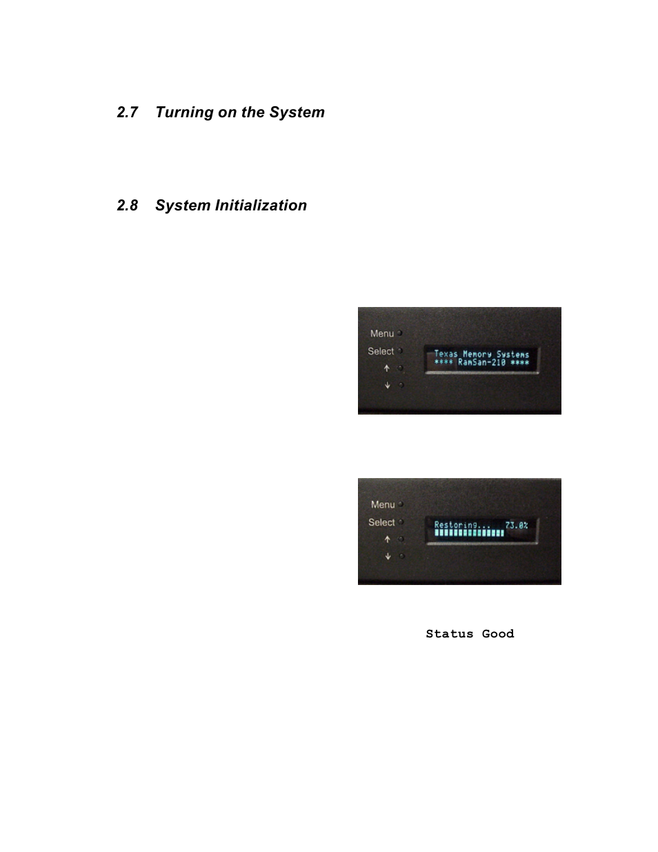 7 turning on the system, 8 system initialization | Texas Memory Systems RamSam-210 User Manual | Page 14 / 34