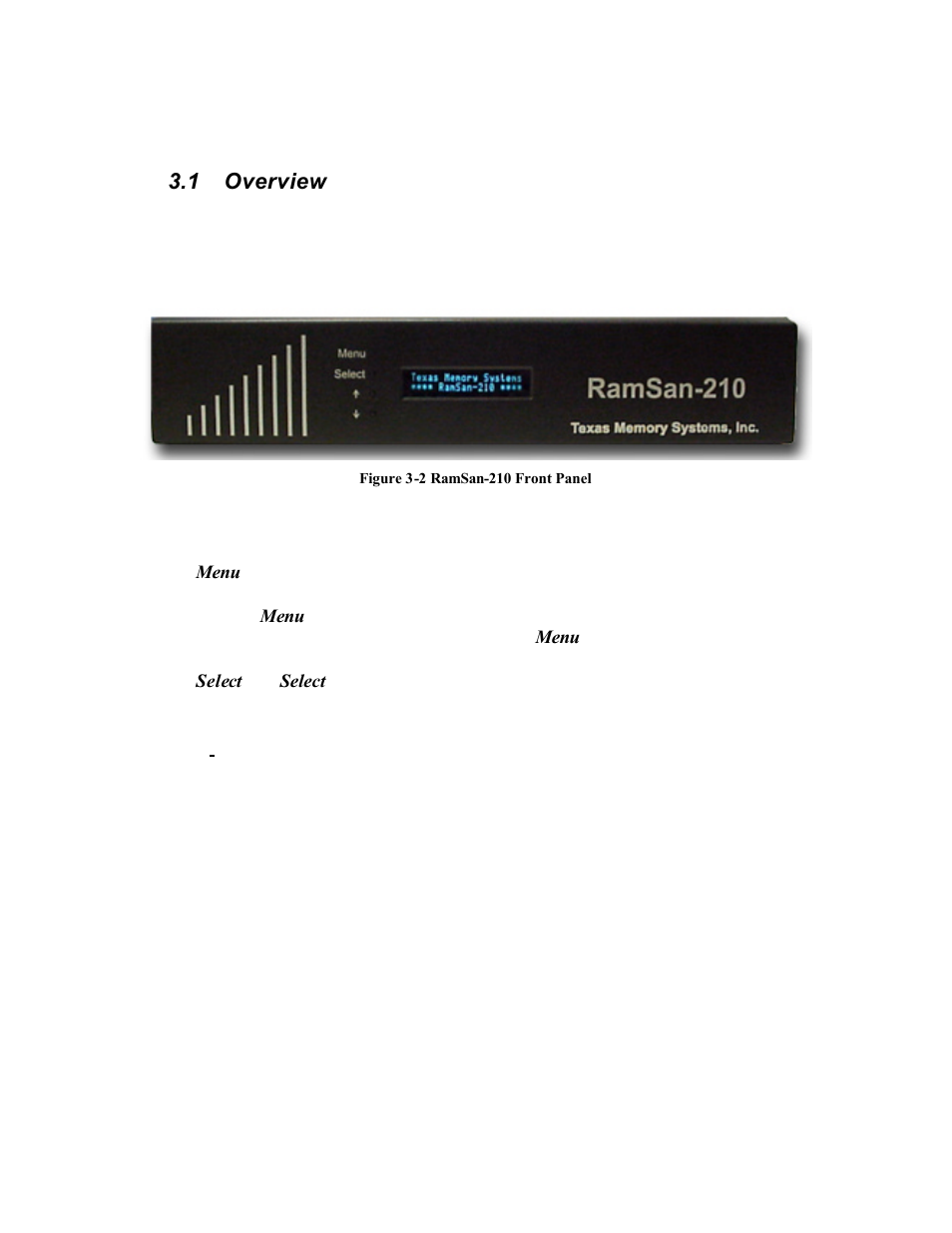 Chapter 3 – using the front panel, 1 overview | Texas Memory Systems RamSam-210 User Manual | Page 15 / 34