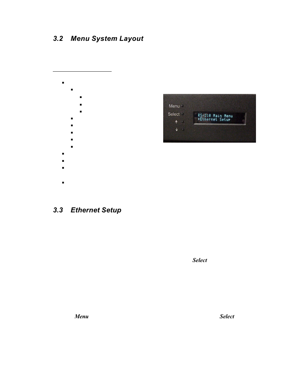 2 menu system layout, 3 ethernet setup | Texas Memory Systems RamSam-210 User Manual | Page 16 / 34