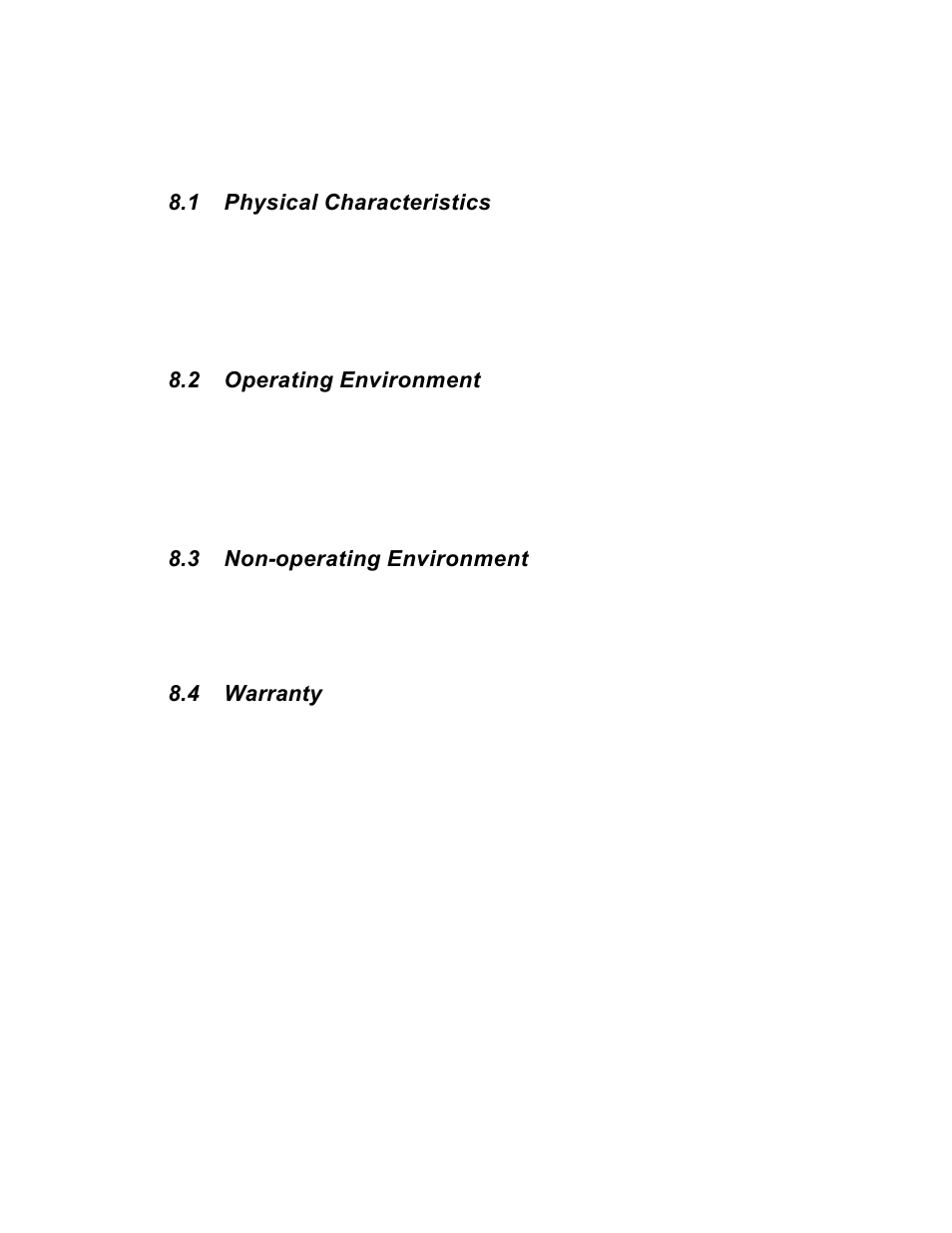 Chapter 8 – specifications, 1 physical characteristics, 2 operating environment | 3 non-operating environment, 4 warranty | Texas Memory Systems RamSam-210 User Manual | Page 31 / 34