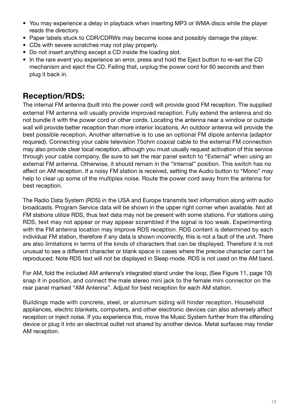 Reception/rds | Tivoli Audio MSY0906USR2 User Manual | Page 13 / 16