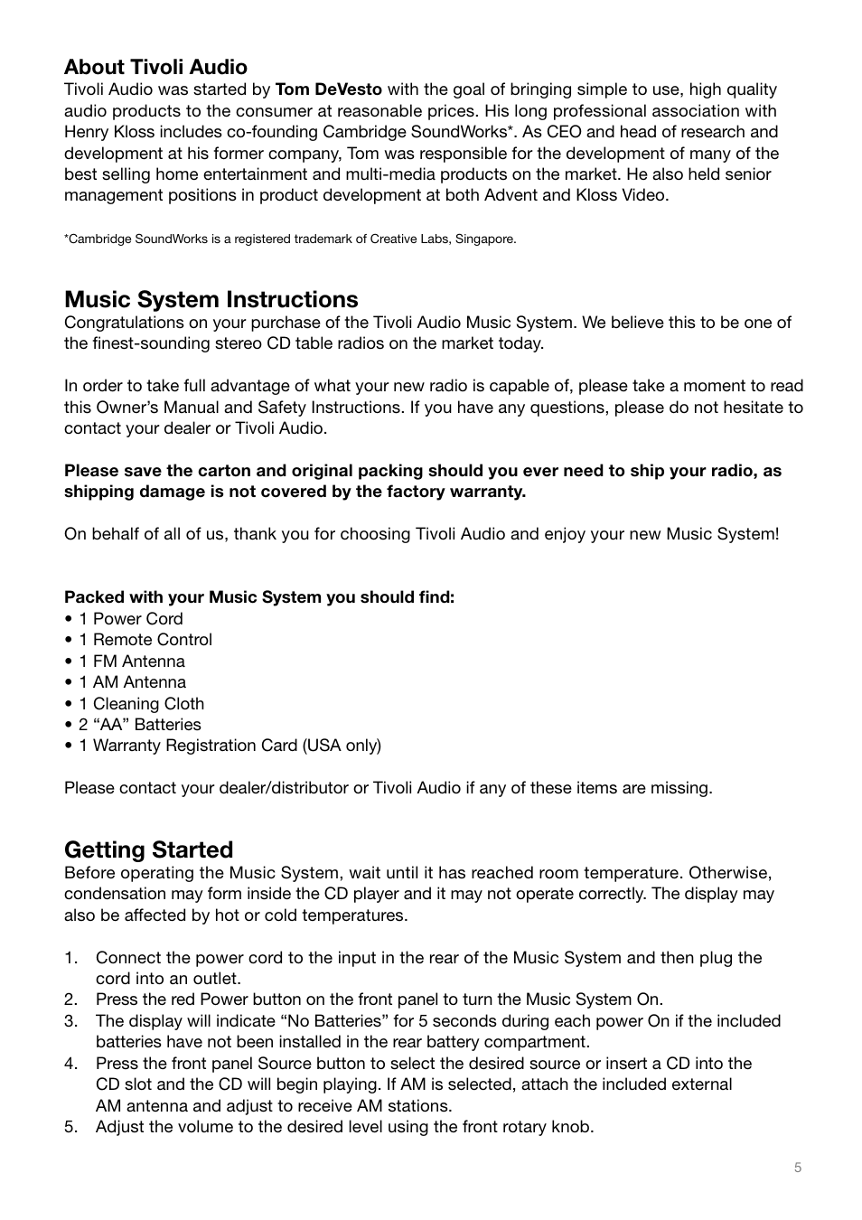 Music system instructions, Getting started, About tivoli audio | Tivoli Audio MSY0906USR2 User Manual | Page 5 / 16