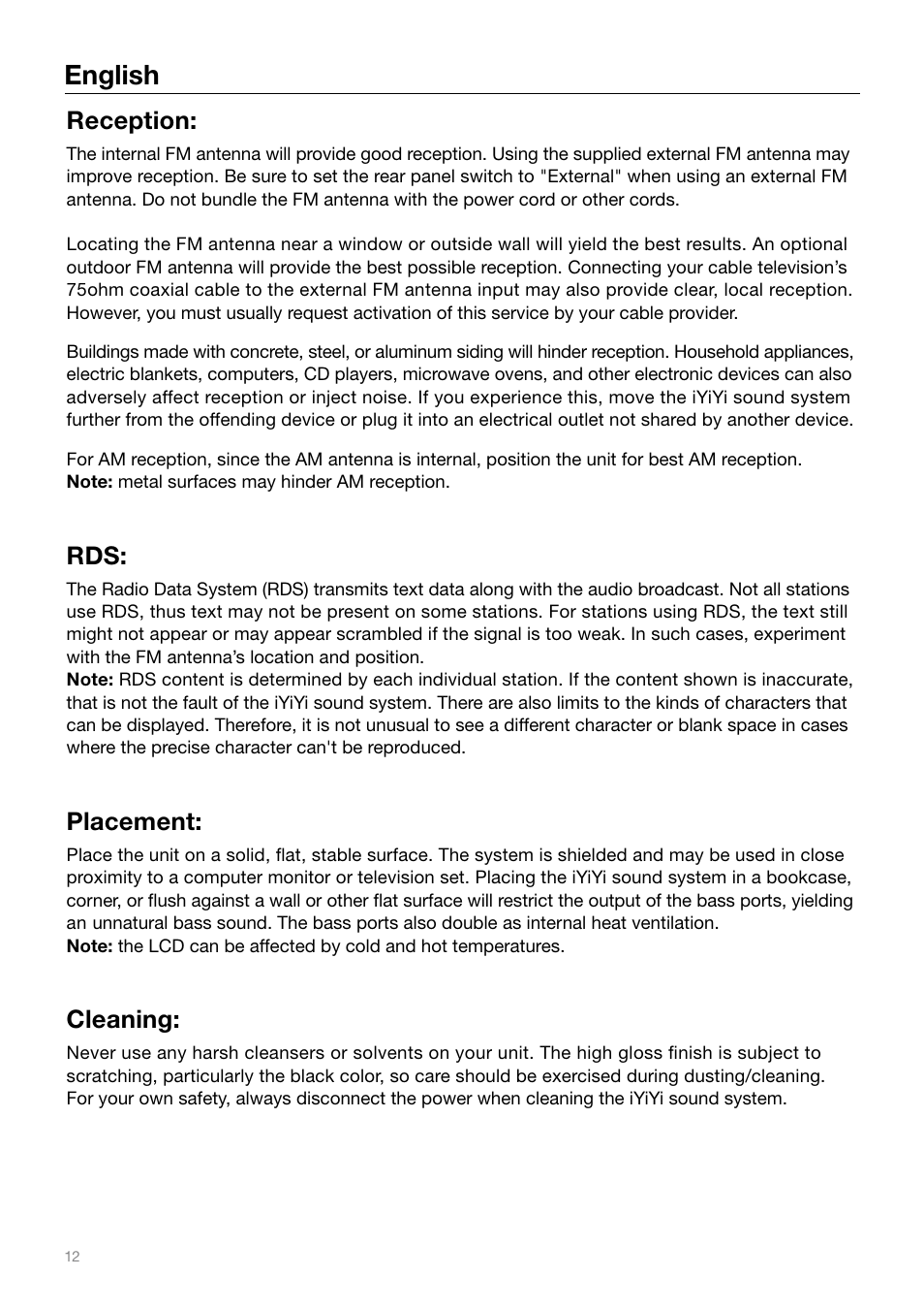 English, Reception, Placement | Cleaning | Tivoli Audio IYIYI User Manual | Page 12 / 56