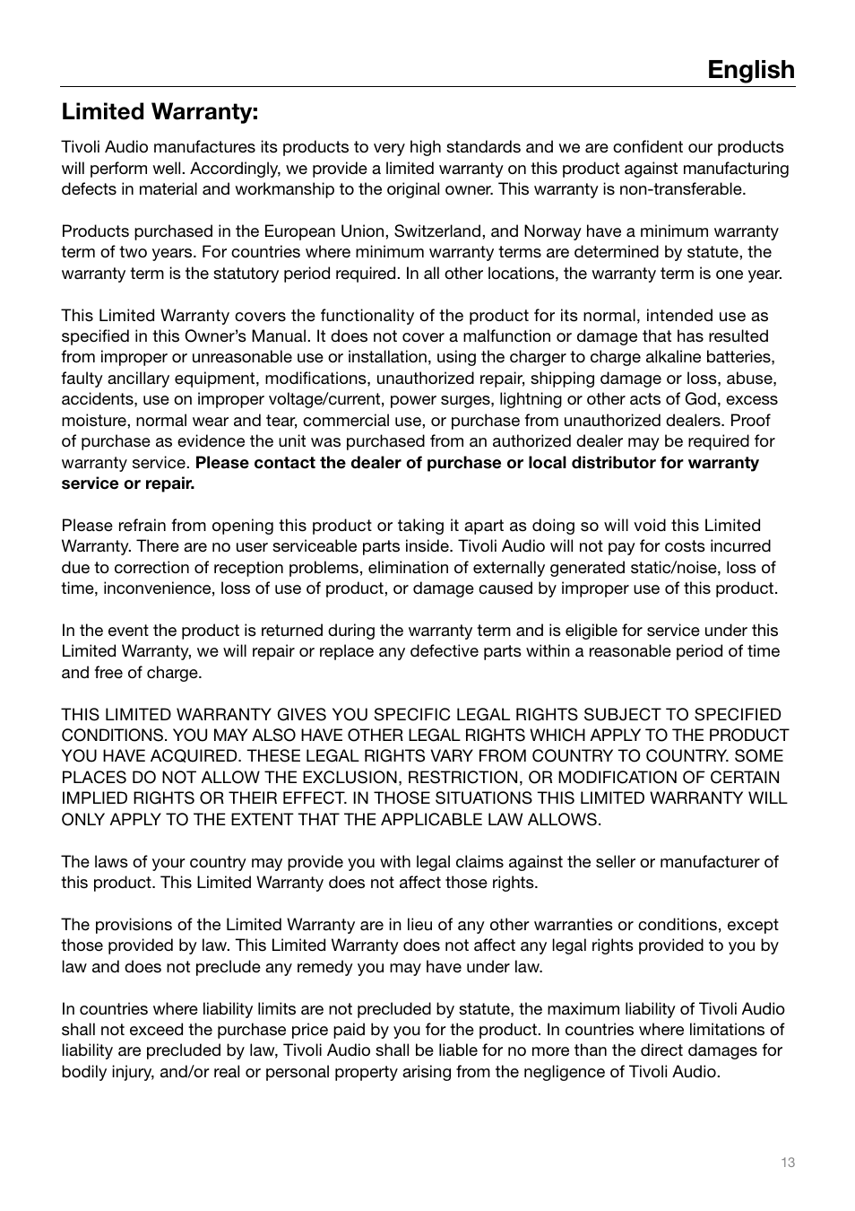 English, Limited warranty | Tivoli Audio IYIYI User Manual | Page 13 / 56