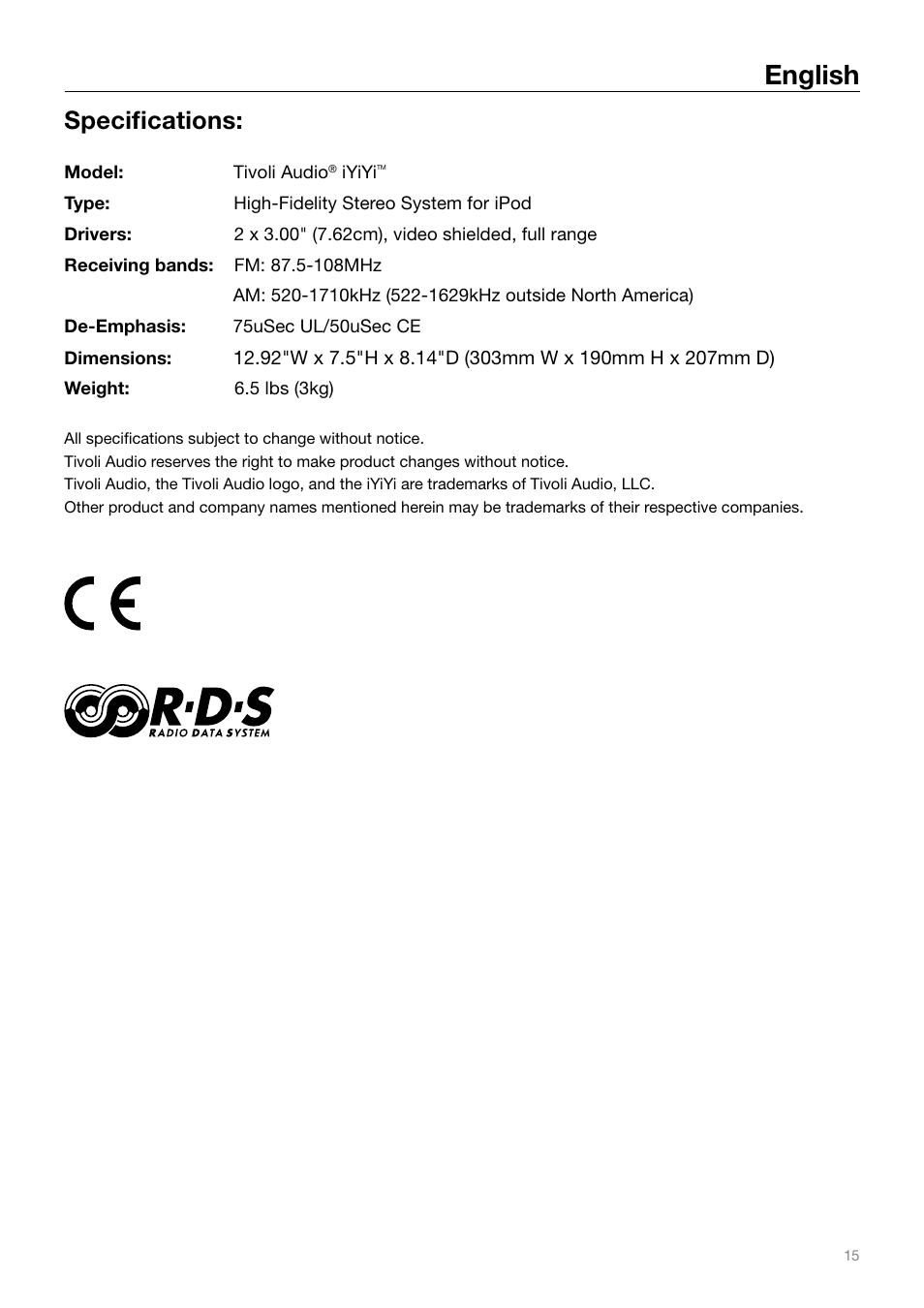 English, Specifications | Tivoli Audio IYIYI User Manual | Page 15 / 56