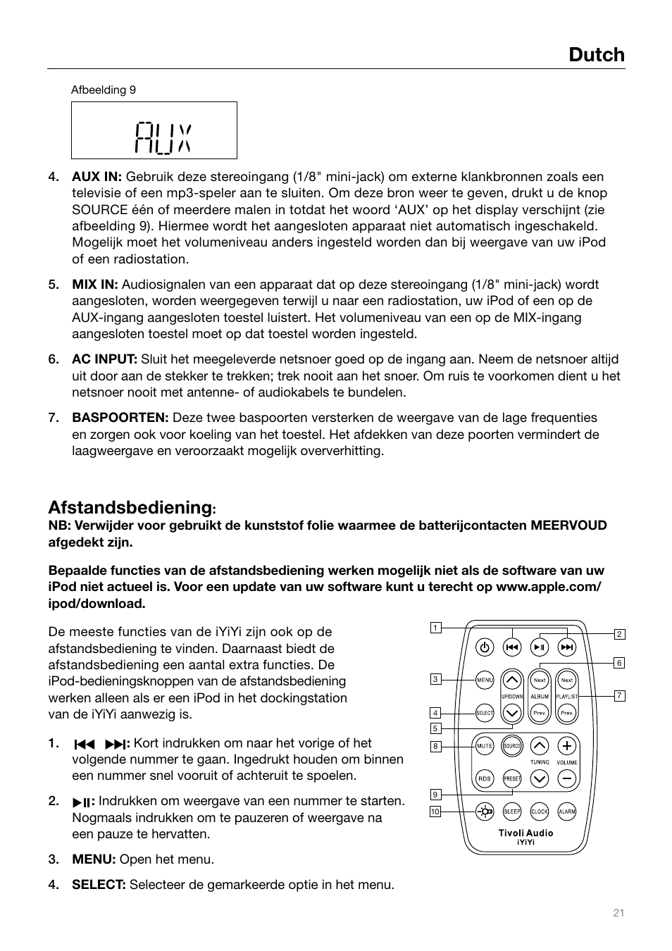 Dutch, Afstandsbediening | Tivoli Audio IYIYI User Manual | Page 21 / 56