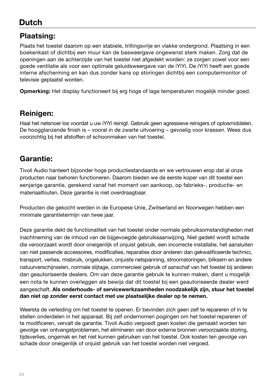 Dutch, Plaatsing, Reinigen | Garantie | Tivoli Audio IYIYI User Manual | Page 24 / 56