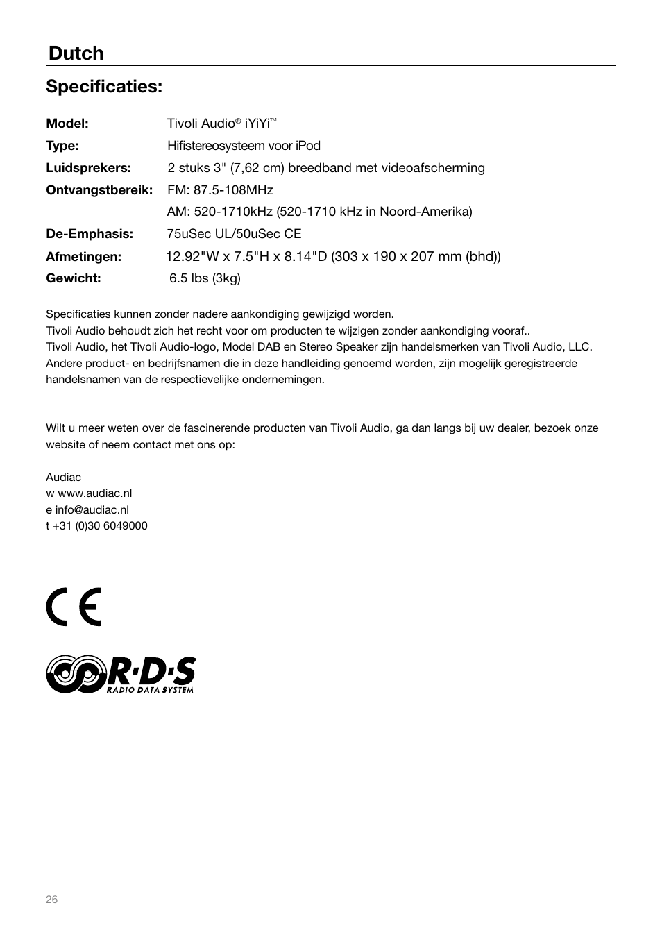 Dutch, Specificaties | Tivoli Audio IYIYI User Manual | Page 26 / 56