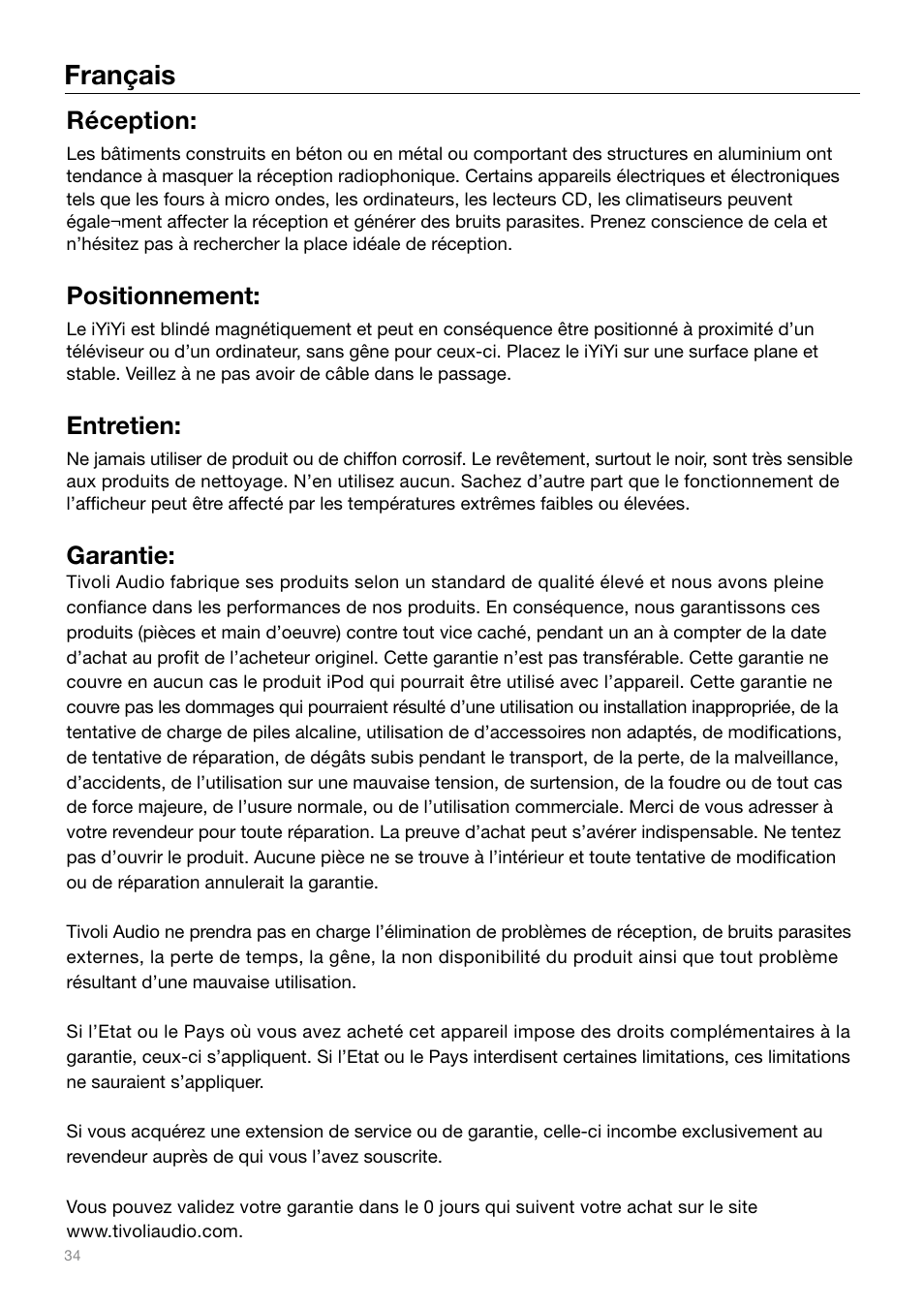 Français, Réception, Positionnement | Entretien, Garantie | Tivoli Audio IYIYI User Manual | Page 34 / 56