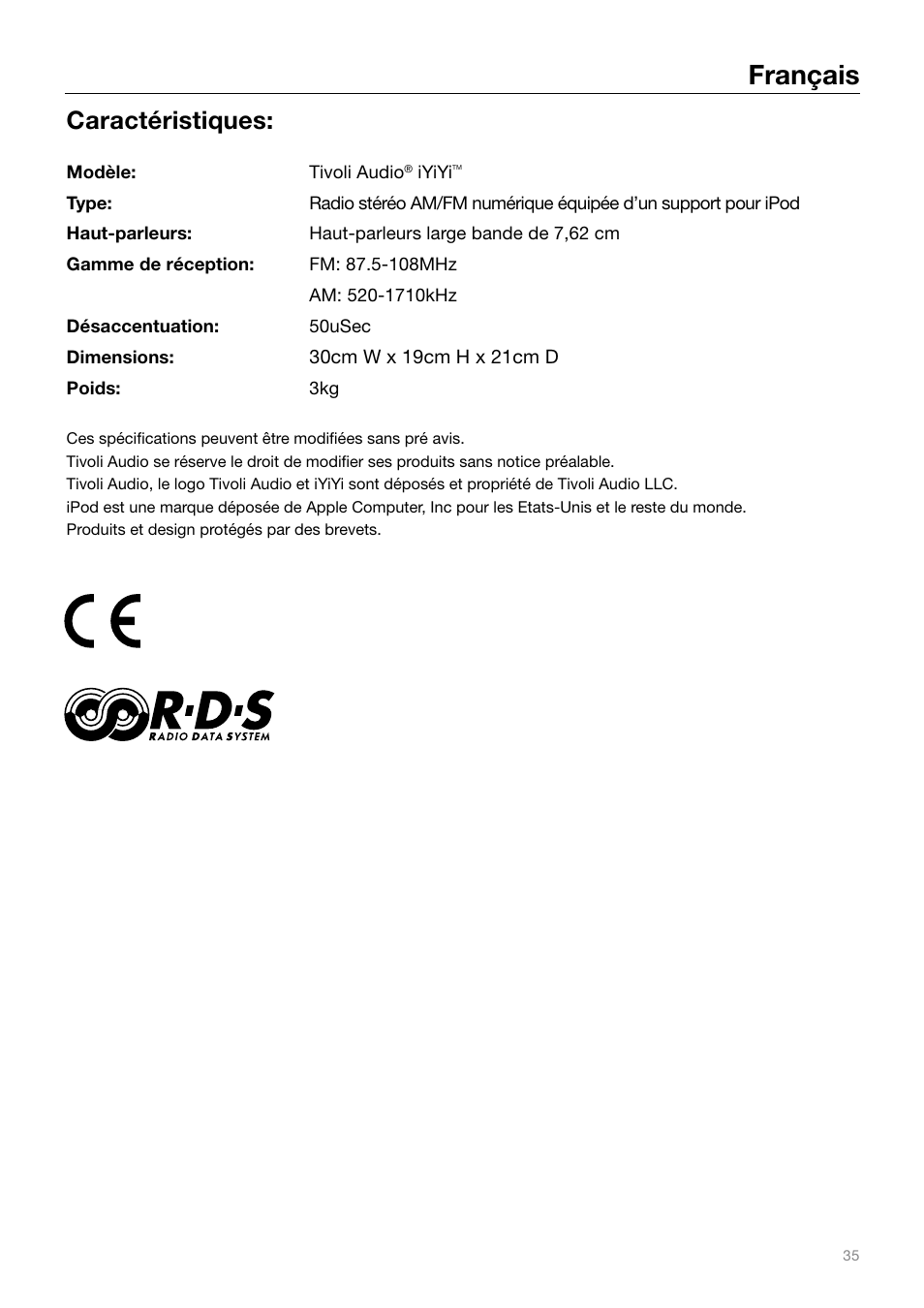 Français, Caractéristiques | Tivoli Audio IYIYI User Manual | Page 35 / 56