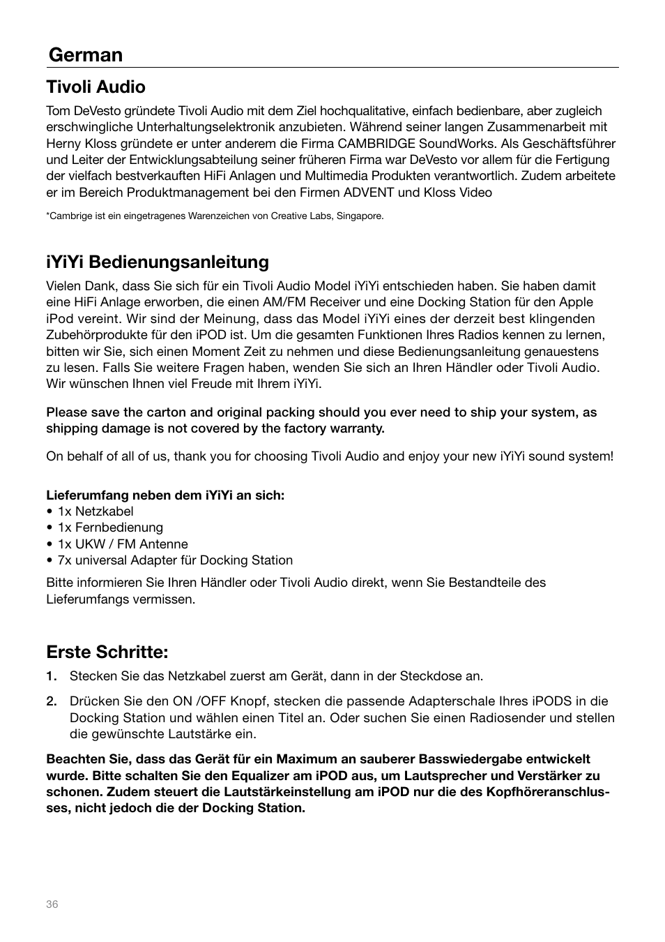 German, Tivoli audio, Iyiyi bedienungsanleitung | Erste schritte | Tivoli Audio IYIYI User Manual | Page 36 / 56