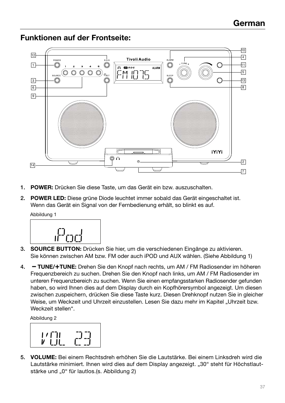 German, Funktionen auf der frontseite | Tivoli Audio IYIYI User Manual | Page 37 / 56