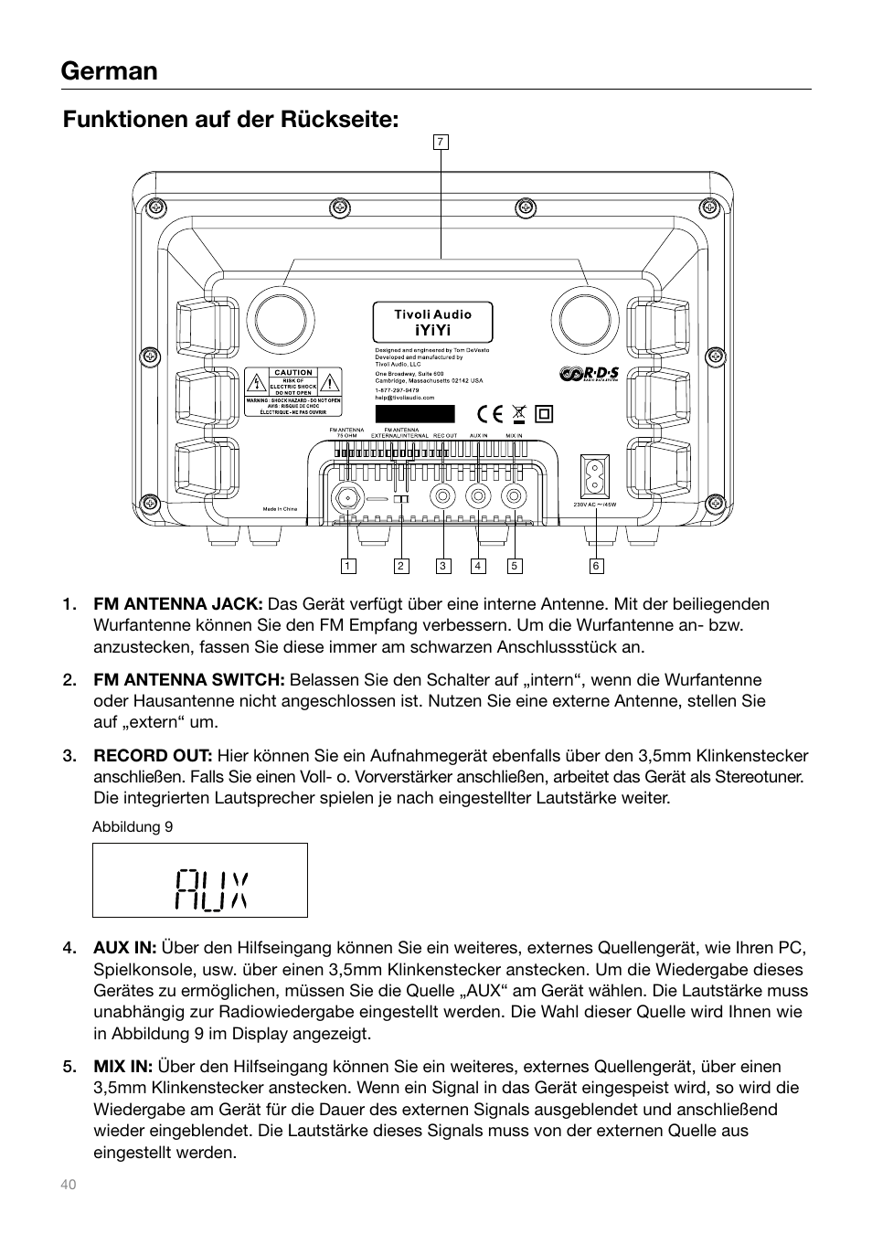 German, Funktionen auf der rückseite | Tivoli Audio IYIYI User Manual | Page 40 / 56