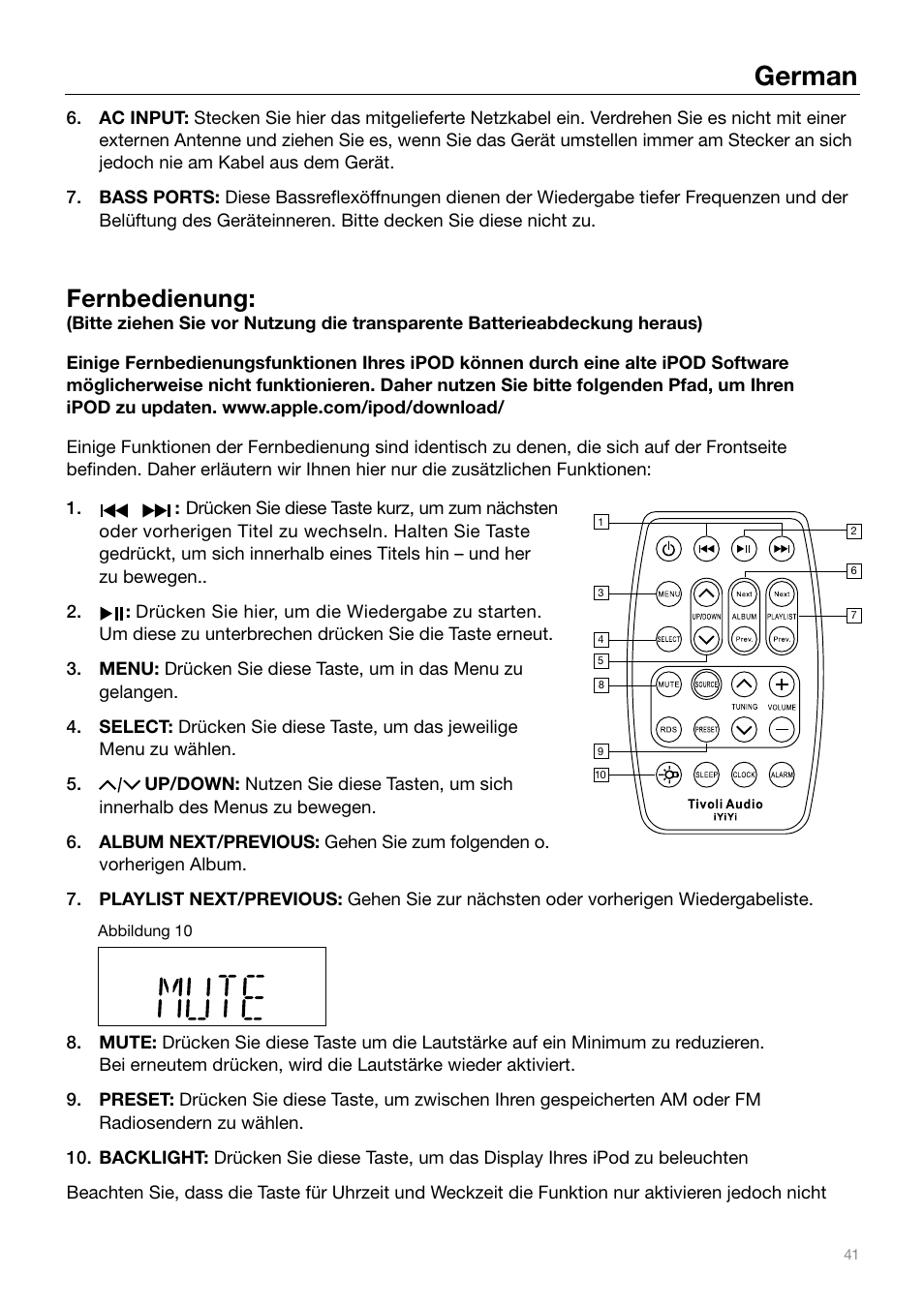 German, Fernbedienung | Tivoli Audio IYIYI User Manual | Page 41 / 56