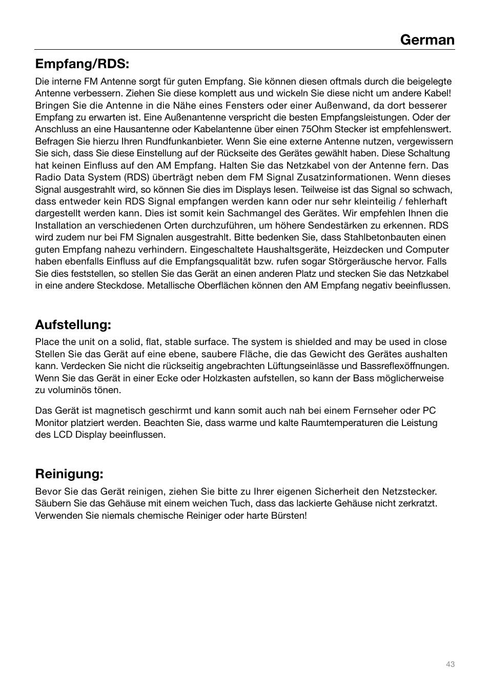 German, Empfang/rds, Aufstellung | Reinigung | Tivoli Audio IYIYI User Manual | Page 43 / 56