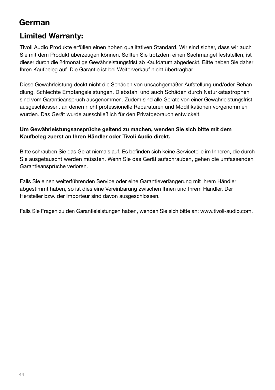 German, Limited warranty | Tivoli Audio IYIYI User Manual | Page 44 / 56