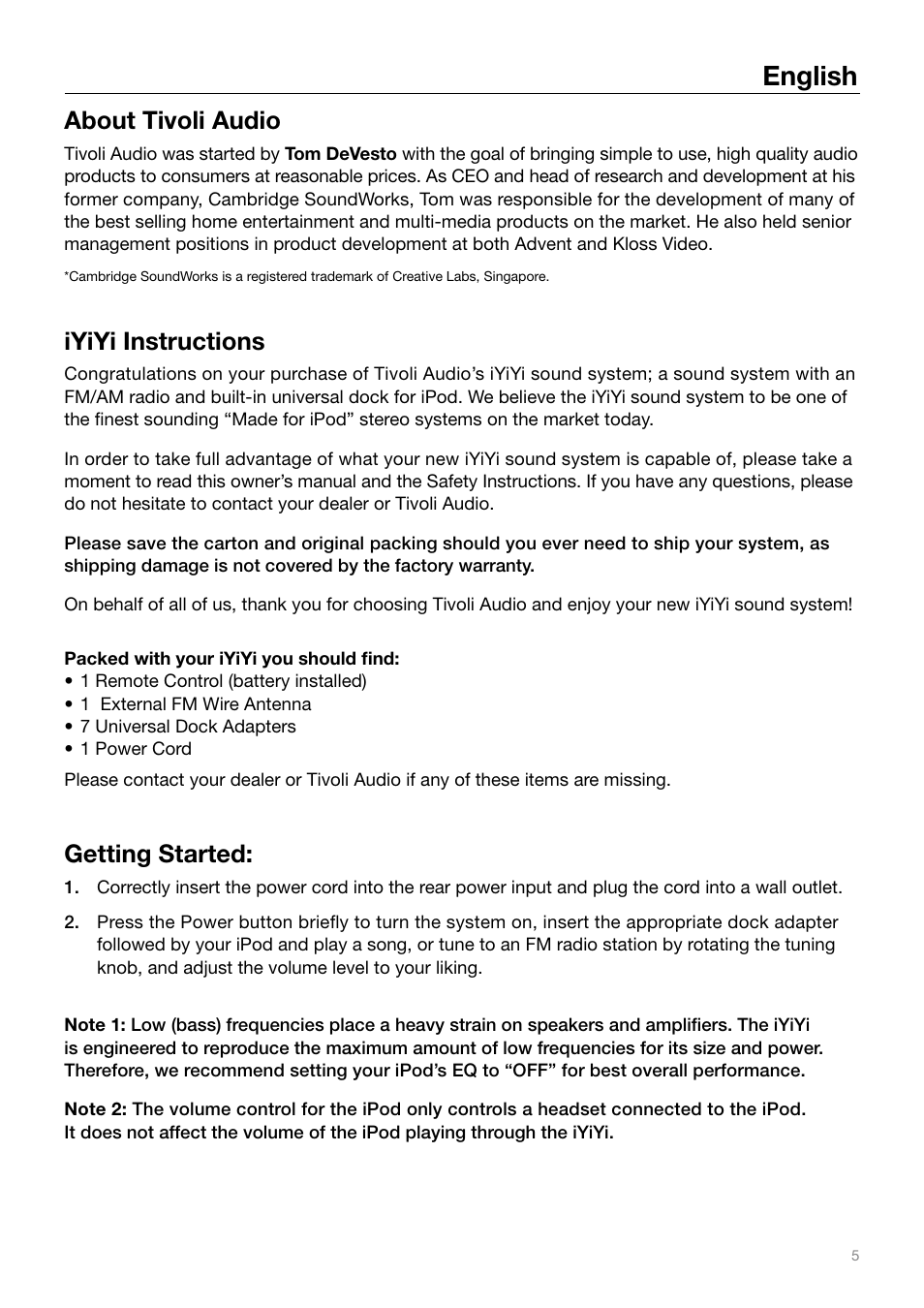 English, About tivoli audio, Iyiyi instructions | Getting started | Tivoli Audio IYIYI User Manual | Page 5 / 56