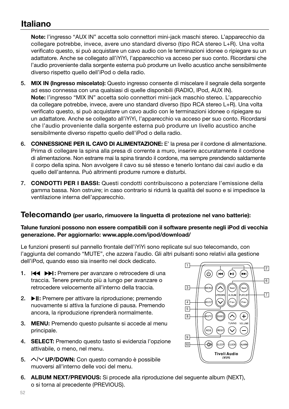 Italiano, Telecomando | Tivoli Audio IYIYI User Manual | Page 52 / 56