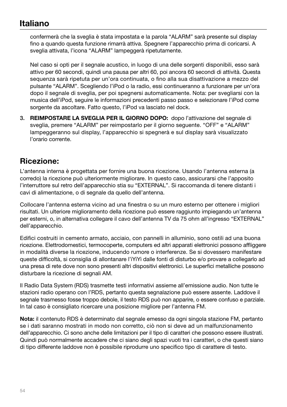 Italiano, Ricezione | Tivoli Audio IYIYI User Manual | Page 54 / 56