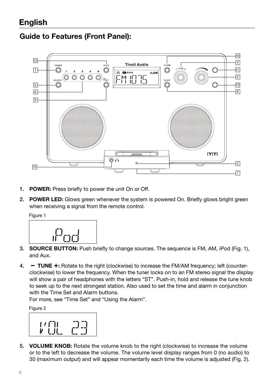 English, Guide to features (front panel) | Tivoli Audio IYIYI User Manual | Page 6 / 56