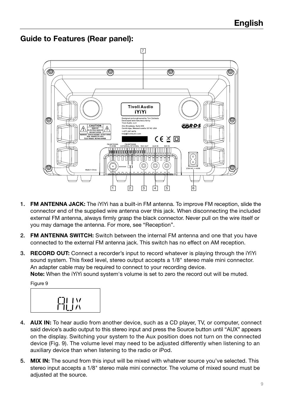 English, Guide to features (rear panel) | Tivoli Audio IYIYI User Manual | Page 9 / 56