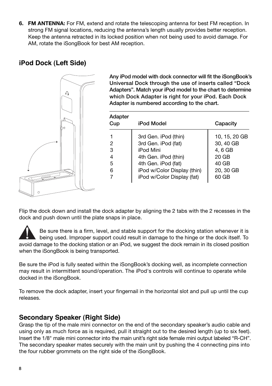 Ipod dock (left side), Secondary speaker (right side) | Tivoli Audio ISONGBOOK User Manual | Page 8 / 17