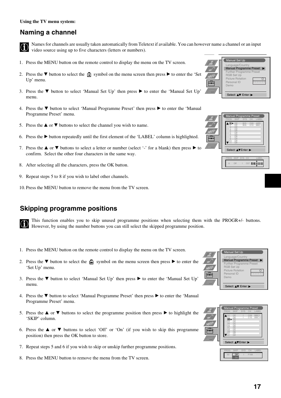 Naming a channel, Skipping programme positions, Using the tv menu system | Sony KV-29FQ75K User Manual | Page 21 / 160