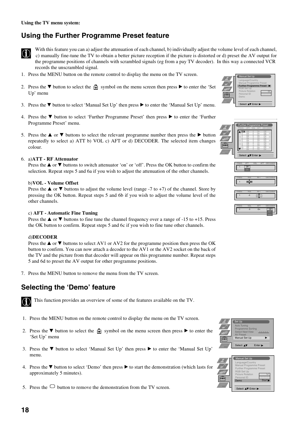 Using the further programme preset feature, Selecting the ‘demo’ feature, Using the tv menu system | Sony KV-29FQ75K User Manual | Page 22 / 160
