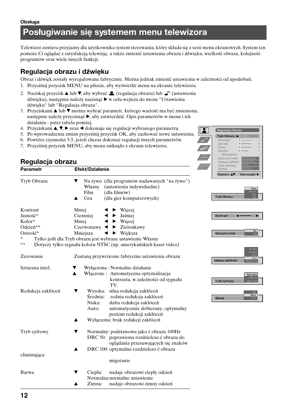 Posługiwanie się systemem menu telewizora, Regulacja obrazu i dźwięku, Regulacja obrazu | Sony KV-29FQ75K User Manual | Page 42 / 160