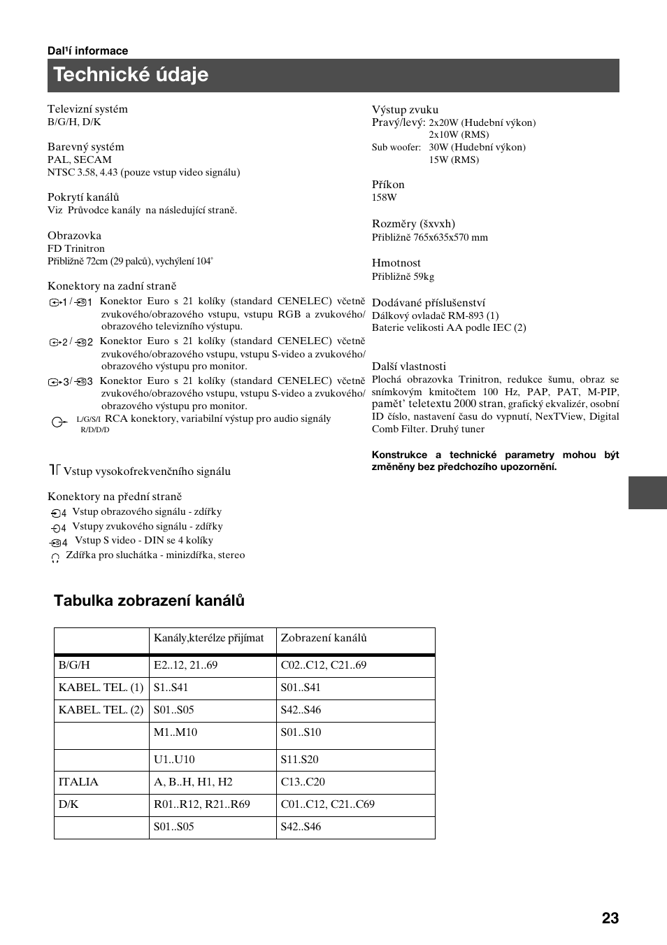 Technické údaje, Tabulka zobrazení kanálů | Sony KV-29FQ75K User Manual | Page 79 / 160