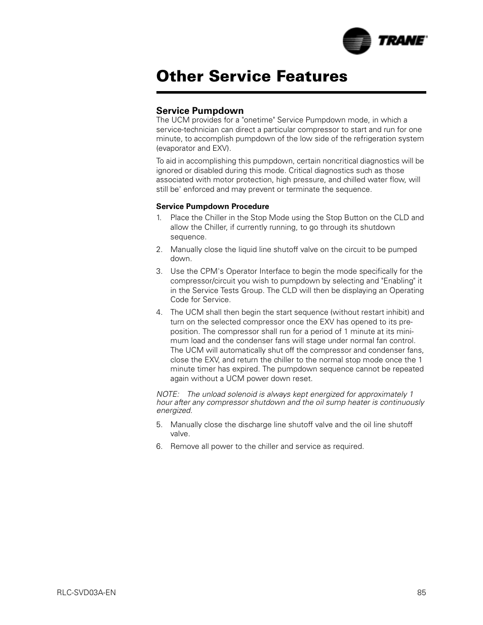 Service pumpdown, Service pumpdown procedure, Other service features service pumpdown | Other service features | Trane RTWA 70-125 TON User Manual | Page 85 / 88