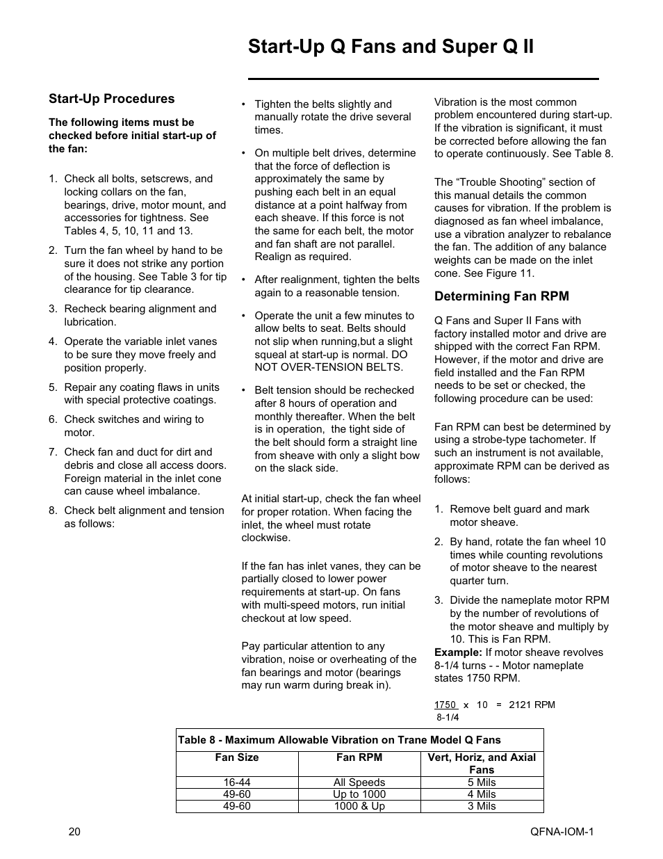 Start-up q fans and super q fans, Start-up procedures determining fan rpm, Start-up q fans and super q ii | Trane QFNA-IOM-1 User Manual | Page 20 / 30