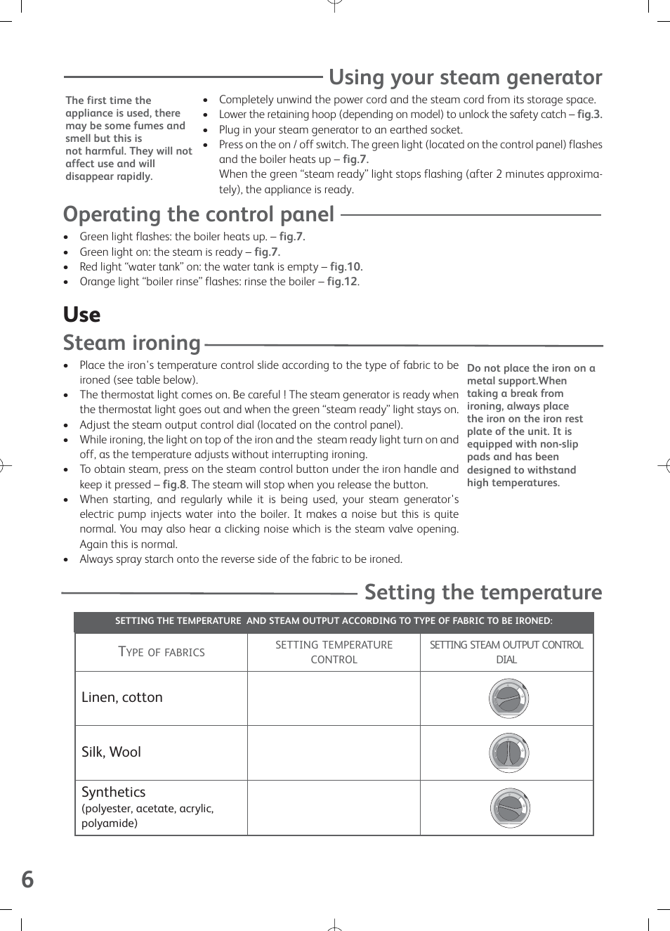 Using your steam generator, Operating the control panel, Use steam ironing | Setting the temperature | Groupe SEB USA - T-FAL Express GV7120 User Manual | Page 6 / 11