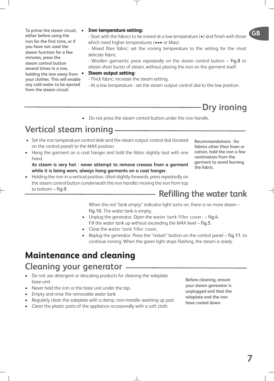 Dry ironing, Vertical steam ironing, Refilling the water tank | Maintenance and cleaning cleaning your generator | Groupe SEB USA - T-FAL Express GV7120 User Manual | Page 7 / 11