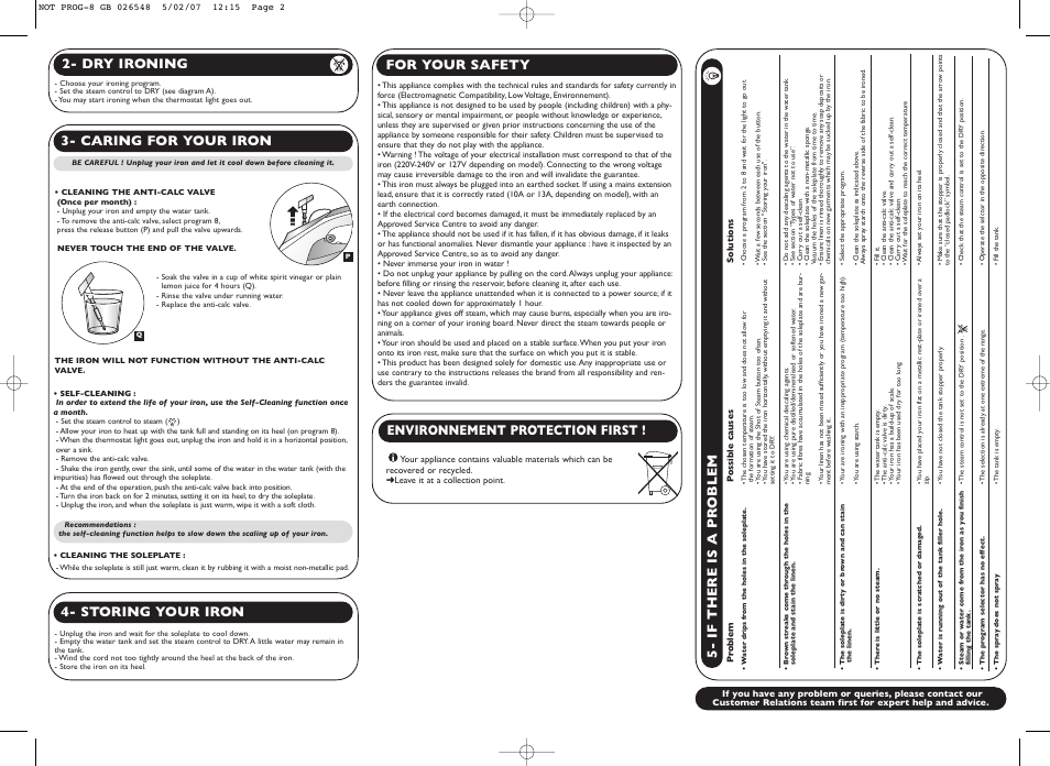 Dry ironing, Caring for your iron, For your safety | Environnement protection first, If there is a problem, Storing your iron | Groupe SEB USA - T-FAL FV9340 User Manual | Page 2 / 2