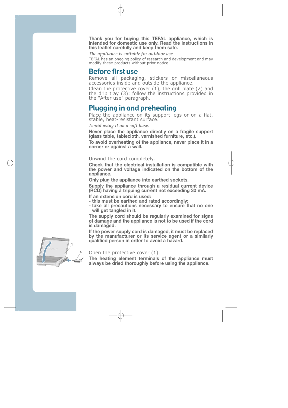 English, Before first use, Plugging in and preheating | Groupe SEB USA - T-FAL Electric Grill CB6010 User Manual | Page 10 / 26