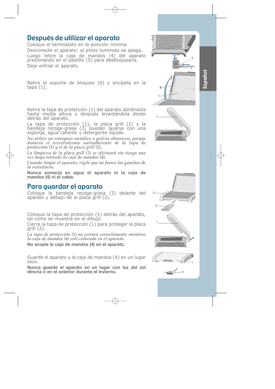 Después de utilizar el aparato, Para guardar el aparato | Groupe SEB USA - T-FAL Electric Grill CB6010 User Manual | Page 20 / 26